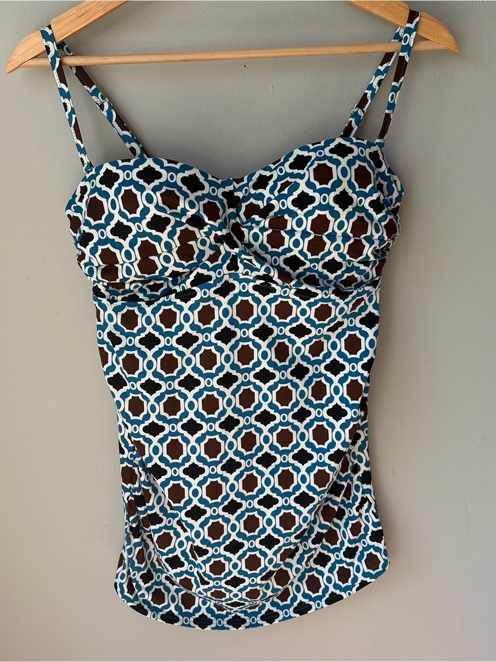 Lands End Tankini Swim Top Geometric Design Detachable Straps Underwire Bra Sz 8